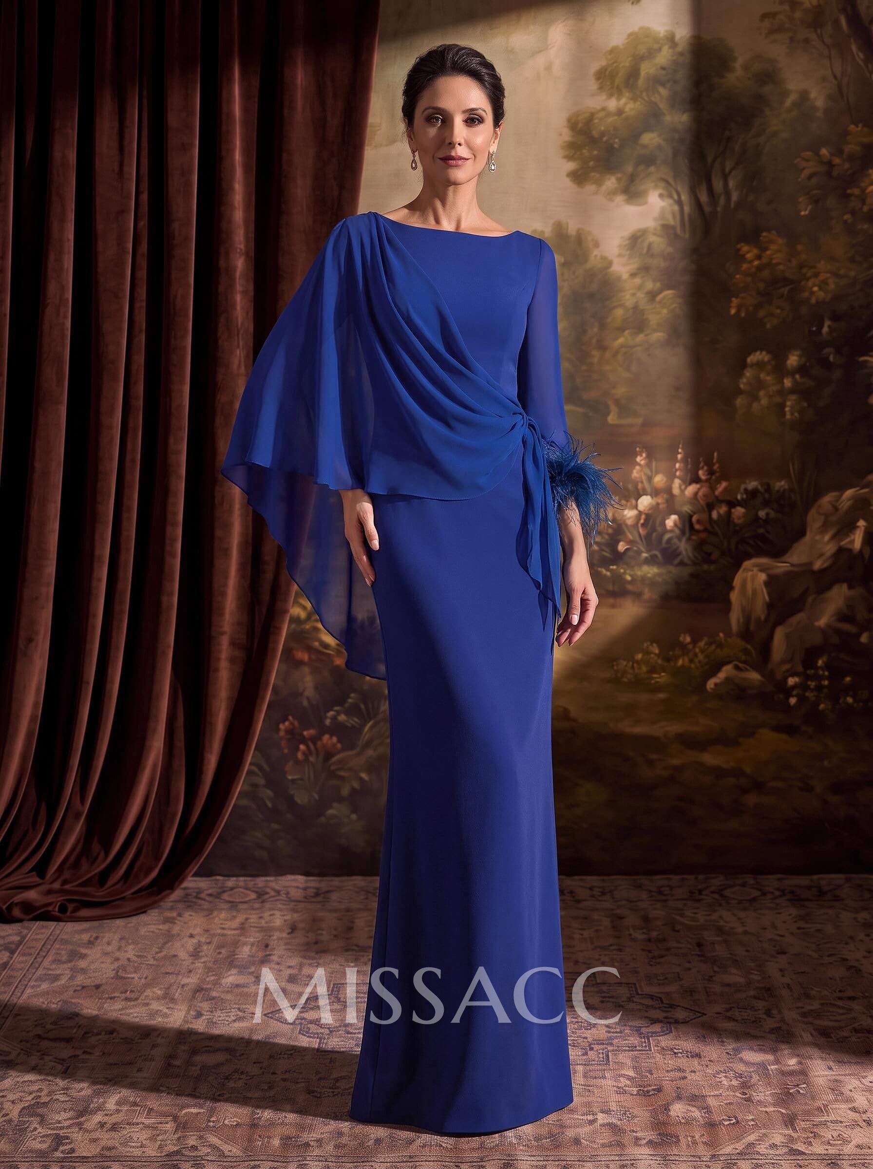 Sheath Column Scoop Neck Long Sleeves Cape Sleeves Floor-Length Chiffon Evening Dresses With Sweeping Side Drape Shoulder Ruffle