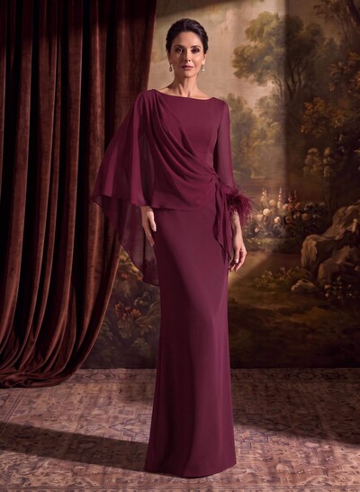Sheath Column Scoop Neck Long Sleeves Cape Sleeves Floor-Length Chiffon Evening Dresses With Sweeping Side Drape Shoulder Ruffle