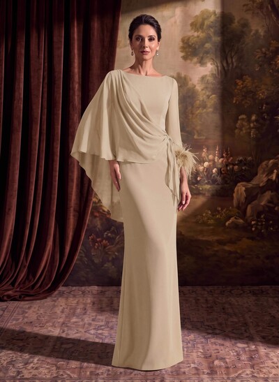 Sheath Column Scoop Neck Long Sleeves Cape Sleeves Floor-Length Chiffon Evening Dresses With Sweeping Side Drape Shoulder Ruffle
