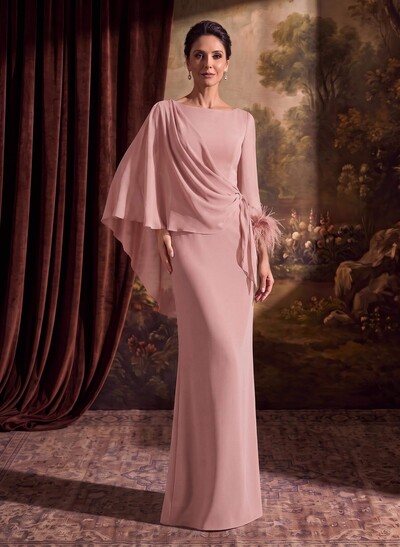 Sheath Column Scoop Neck Long Sleeves Cape Sleeves Floor-Length Chiffon Evening Dresses With Sweeping Side Drape Shoulder Ruffle