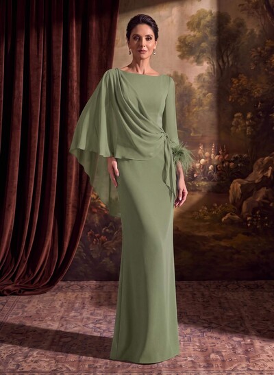 Sheath Column Scoop Neck Long Sleeves Cape Sleeves Floor-Length Chiffon Evening Dresses With Sweeping Side Drape Shoulder Ruffle