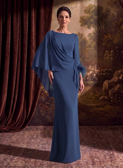 Sheath Column Scoop Neck Long Sleeves Cape Sleeves Floor-Length Chiffon Evening Dresses With Sweeping Side Drape Shoulder Ruffle