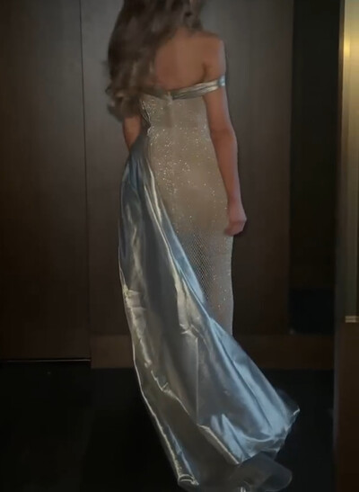 Sparkle & Shine Strapless Sleeveless Floor-Length Metallic Lame Evening Dresses With High Split/Sweeping Side Drape