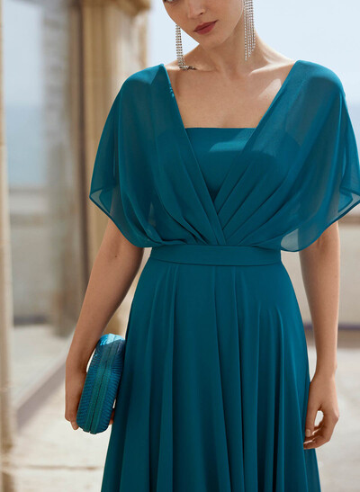 A-Line Bateau Neck Cape Sleeves Floor-Length Chiffon Evening Dresses With Pleated Back Hole