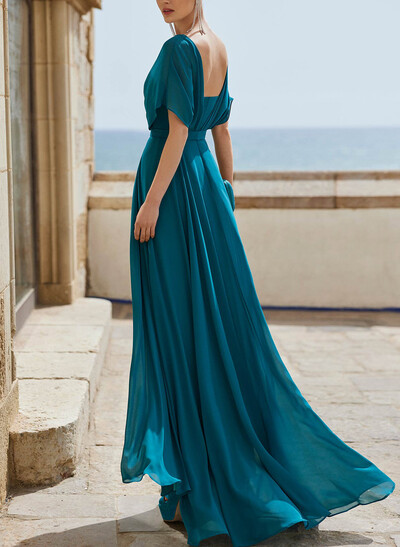 A-Line Bateau Neck Cape Sleeves Floor-Length Chiffon Evening Dresses With Pleated Back Hole