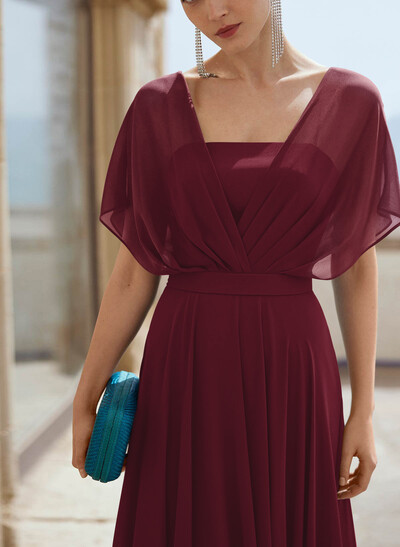 A-Line Bateau Neck Cape Sleeves Floor-Length Chiffon Evening Dresses With Pleated Back Hole