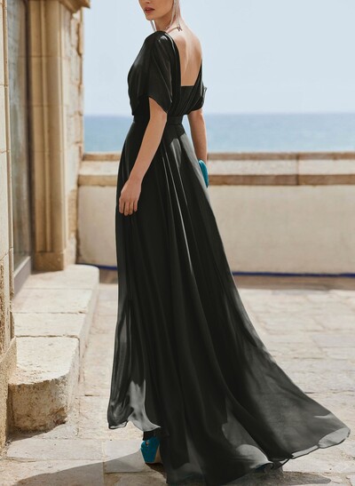 A-Line Bateau Neck Cape Sleeves Floor-Length Chiffon Evening Dresses With Pleated Back Hole