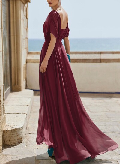 A-Line Bateau Neck Cape Sleeves Floor-Length Chiffon Evening Dresses With Pleated Back Hole