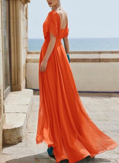 A-Line Cape Sleeves Floor-Length Chiffon Bridesmaid Dresses With Pleated/Back Hole