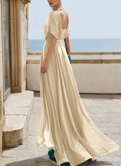 A-Line Maxi Chiffon Bridesmaid Dress With Cape Sleeves, Pleats And Open Back