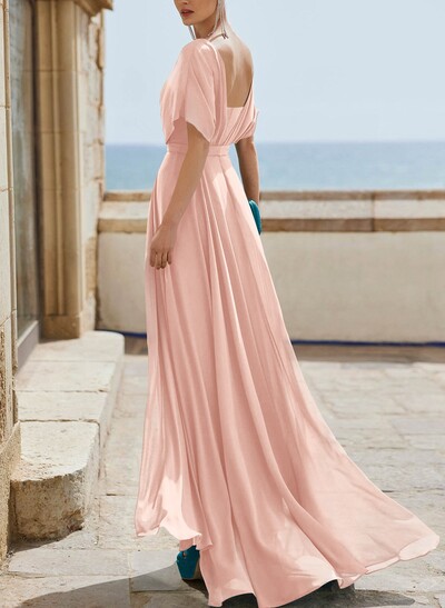 A-Line Bateau Neck Cape Sleeves Floor-Length Chiffon Evening Dresses With Pleated Back Hole