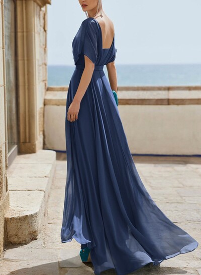 A-Line Bateau Neck Cape Sleeves Floor-Length Chiffon Evening Dresses With Pleated Back Hole