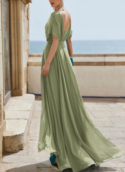 A-Line Bateau Neck Cape Sleeves Floor-Length Chiffon Evening Dresses With Pleated Back Hole