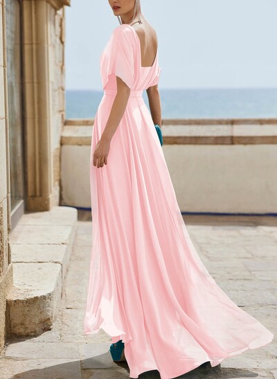 A-Line Cape Sleeves Floor-Length Chiffon Bridesmaid Dresses With Pleated/Back Hole