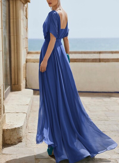 A-Line Bateau Neck Cape Sleeves Floor-Length Chiffon Evening Dresses With Pleated Back Hole