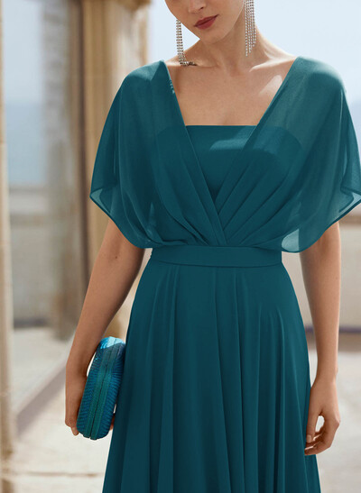 A-Line Bateau Neck Cape Sleeves Floor-Length Chiffon Evening Dresses With Pleated Back Hole