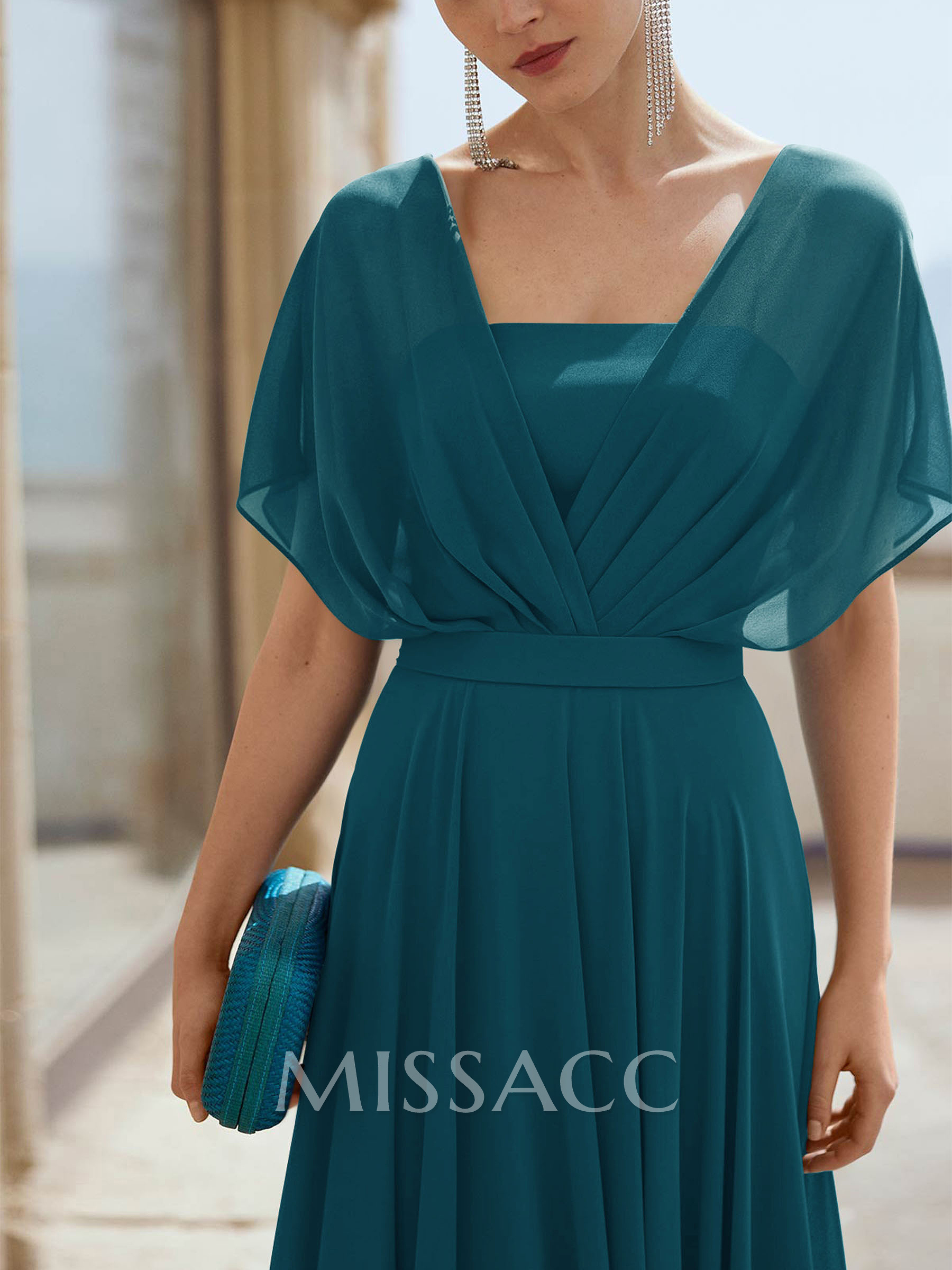 A-Line Bateau Neck Cape Sleeves Floor-Length Chiffon Evening Dresses With Pleated Back Hole