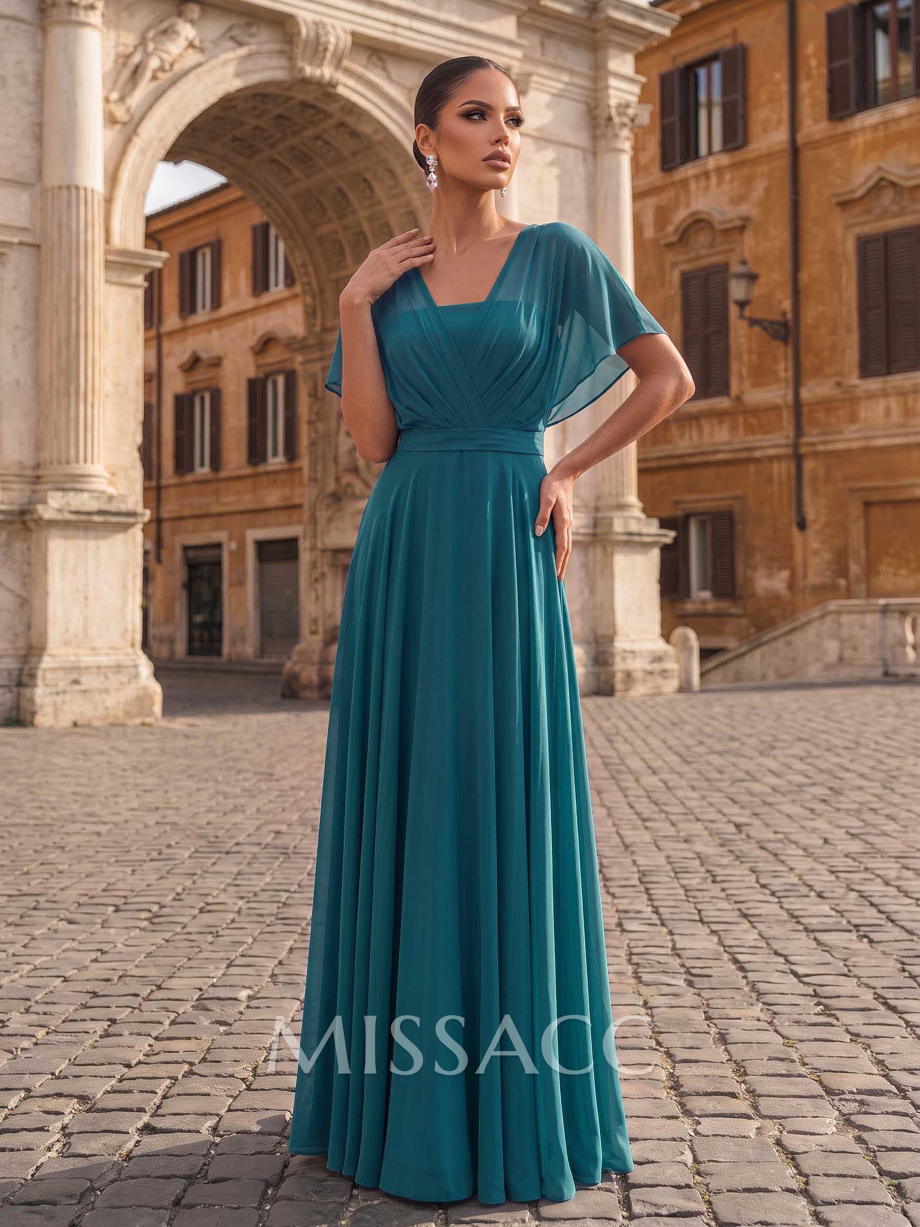 A-Line Bateau Neck Cape Sleeves Floor-Length Chiffon Evening Dresses With Pleated Back Hole