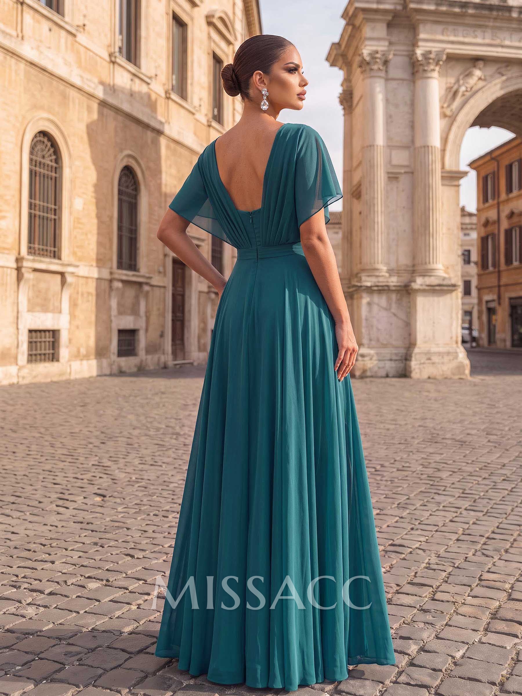 A-Line Bateau Neck Cape Sleeves Floor-Length Chiffon Evening Dresses With Pleated Back Hole