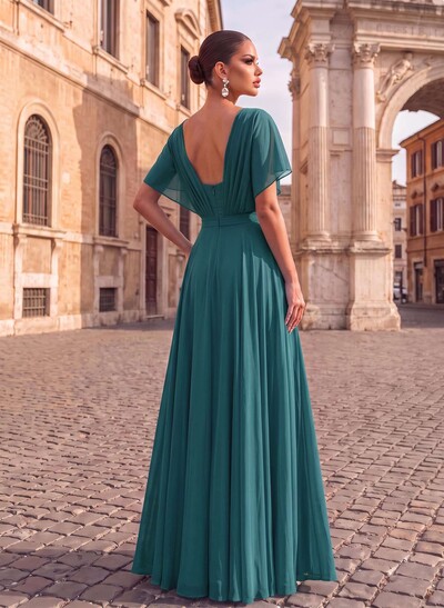 A-Line Bateau Neck Cape Sleeves Floor-Length Chiffon Evening Dresses With Pleated Back Hole