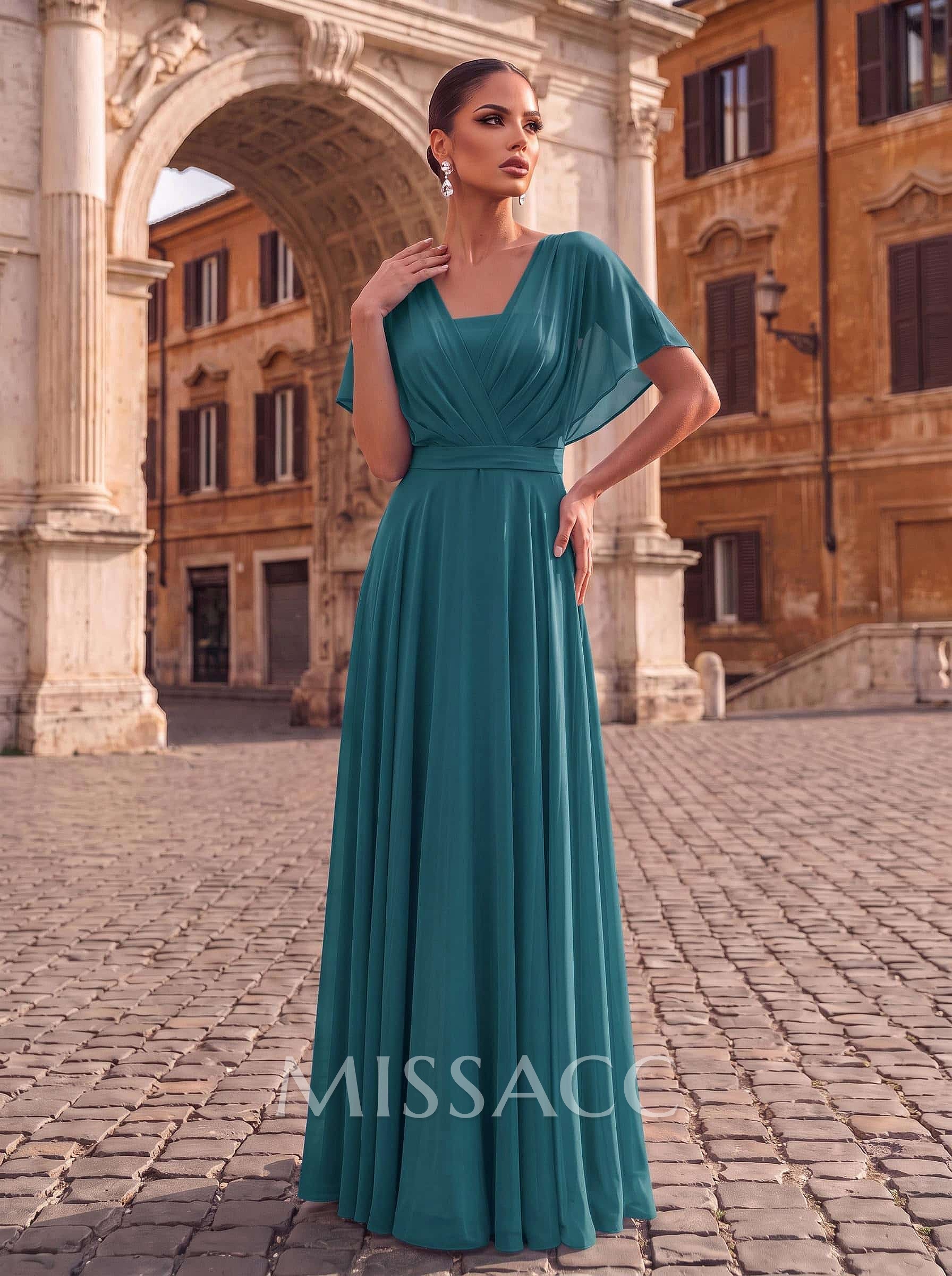 A-Line Bateau Neck Cape Sleeves Floor-Length Chiffon Evening Dresses With Pleated Back Hole A-Line Bateau Neck Cape Sleeves Floor-Length Chiffon Evening Dresses With Pleated Back Hole