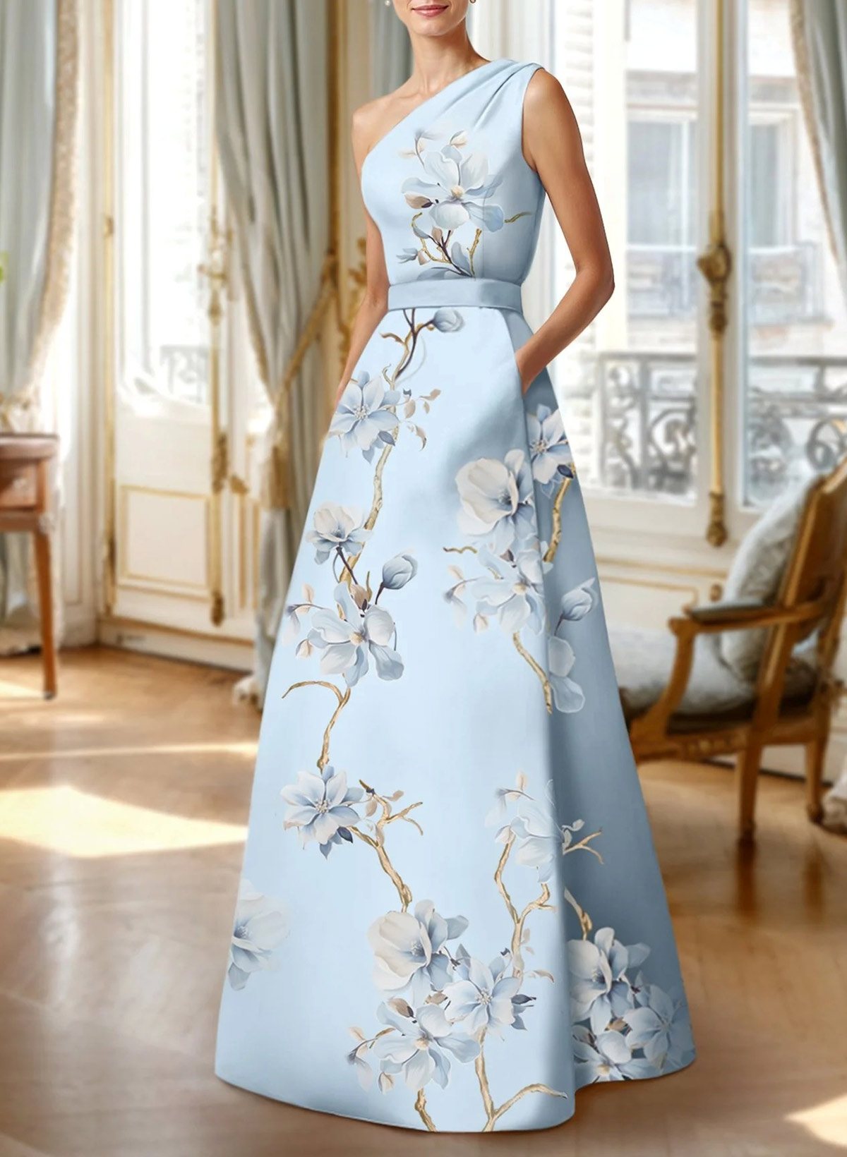 Elegant One-Shoulder Sleeveless A-Line Sweep Train Satin Evening Dresses With Flower(s)