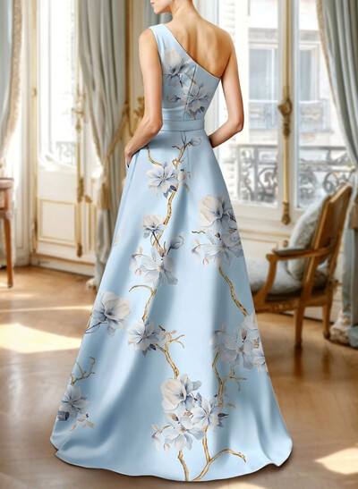 Elegant One-Shoulder Sleeveless A-Line Sweep Train Satin Evening Dresses With Flower(s)