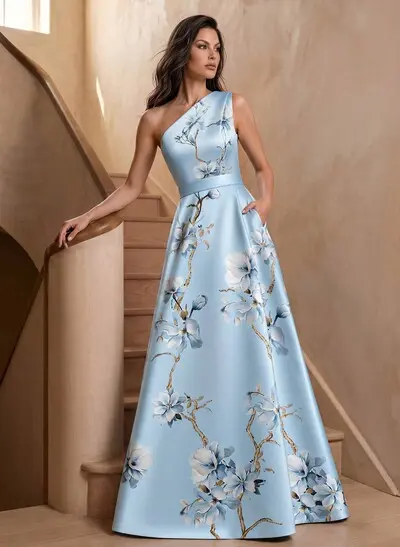 A-Line One-Shoulder Sleeveless Floor-Length Satin Evening Dresses With Floral-Print