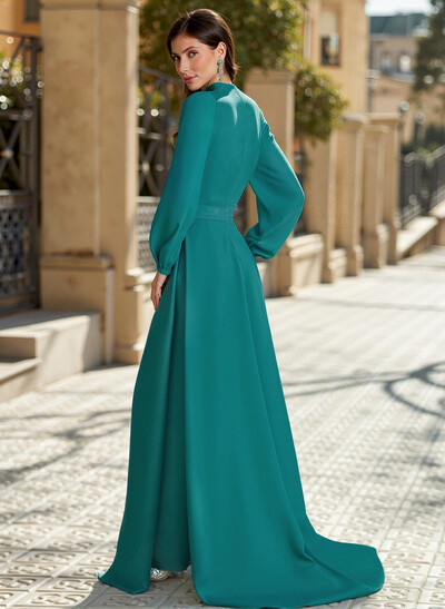 Sheath Column V-Neck Long Sleeves Sweep Train Elastic Satin Mother Of The Bride Dresses With Bow(s)