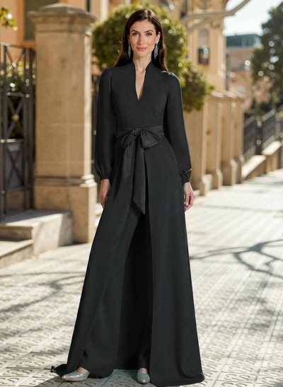 Sheath Column V-Neck Long Sleeves Sweep Train Elastic Satin Evening Dresses With Bow(s)