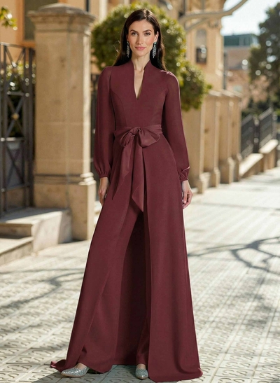 Sheath Column V-Neck Long Sleeves Sweep Train Elastic Satin Evening Dresses With Bow(s)