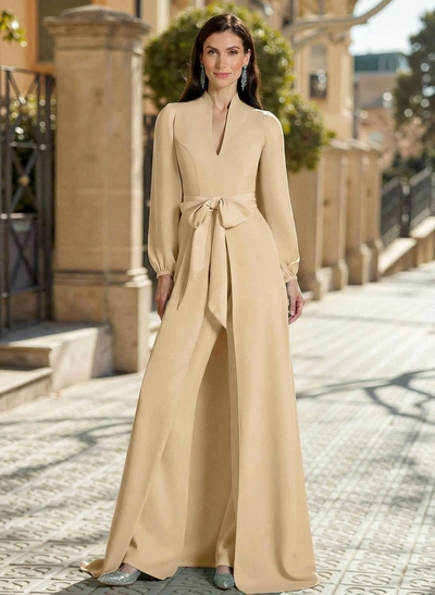 Sheath Column V-Neck Long Sleeves Sweep Train Elastic Satin Evening Dresses With Bow(s)