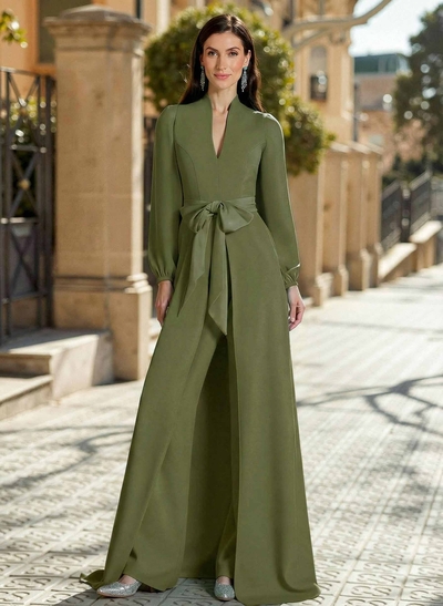 Sheath Column V-Neck Long Sleeves Sweep Train Elastic Satin Evening Dresses With Bow(s)