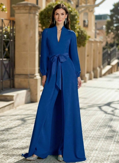 Sheath Column V-Neck Long Sleeves Sweep Train Elastic Satin Evening Dresses With Bow(s)