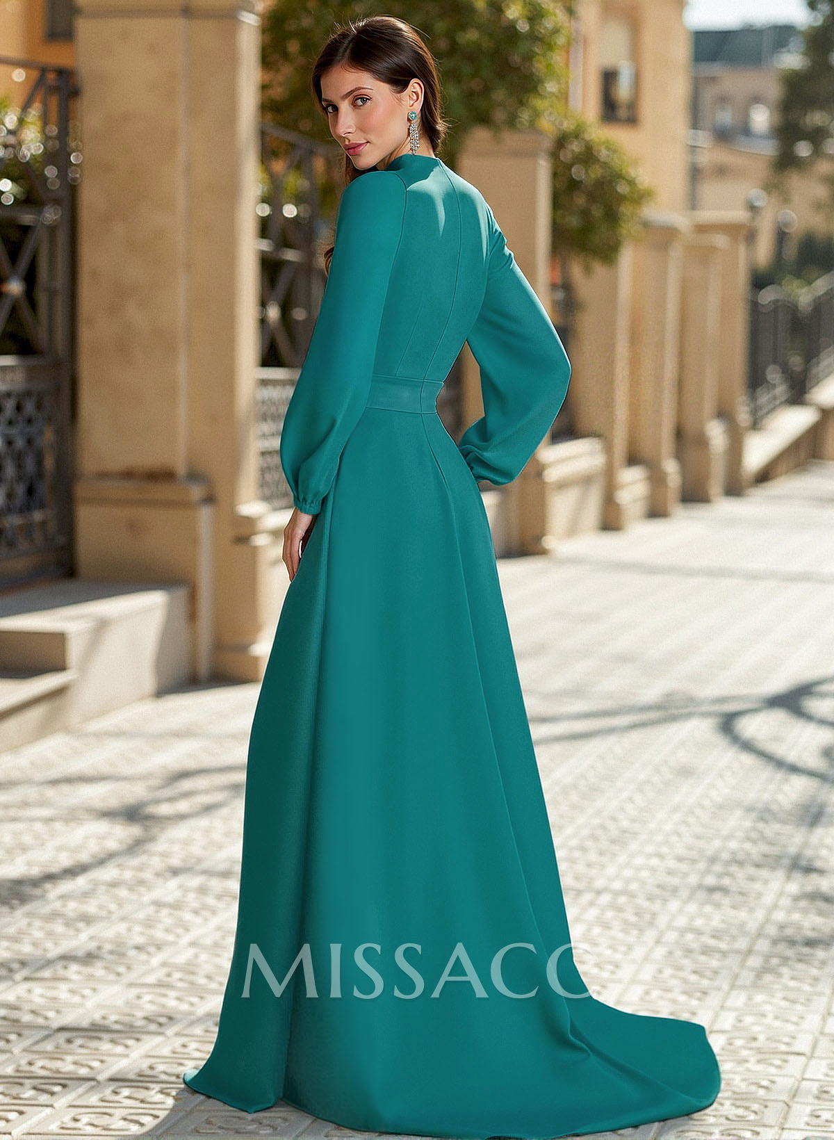 Sheath Column V-Neck Long Sleeves Sweep Train Elastic Satin Evening Dresses With Bow(s)