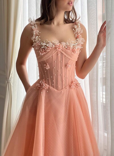 Dreamy Square Neckline Sleeveless A-Line Sweep Train Tulle /Chiffon Evening Dresses With Beading/Flower(s)