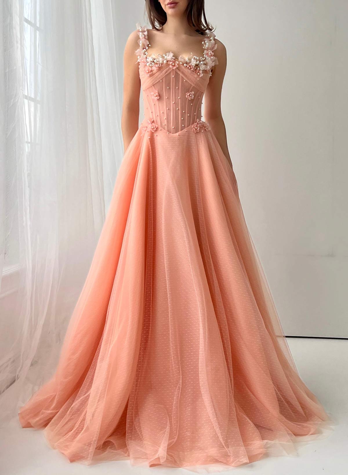Dreamy Square Neckline Sleeveless A-Line Sweep Train Tulle /Chiffon Evening Dresses With Beading/Flower(s)