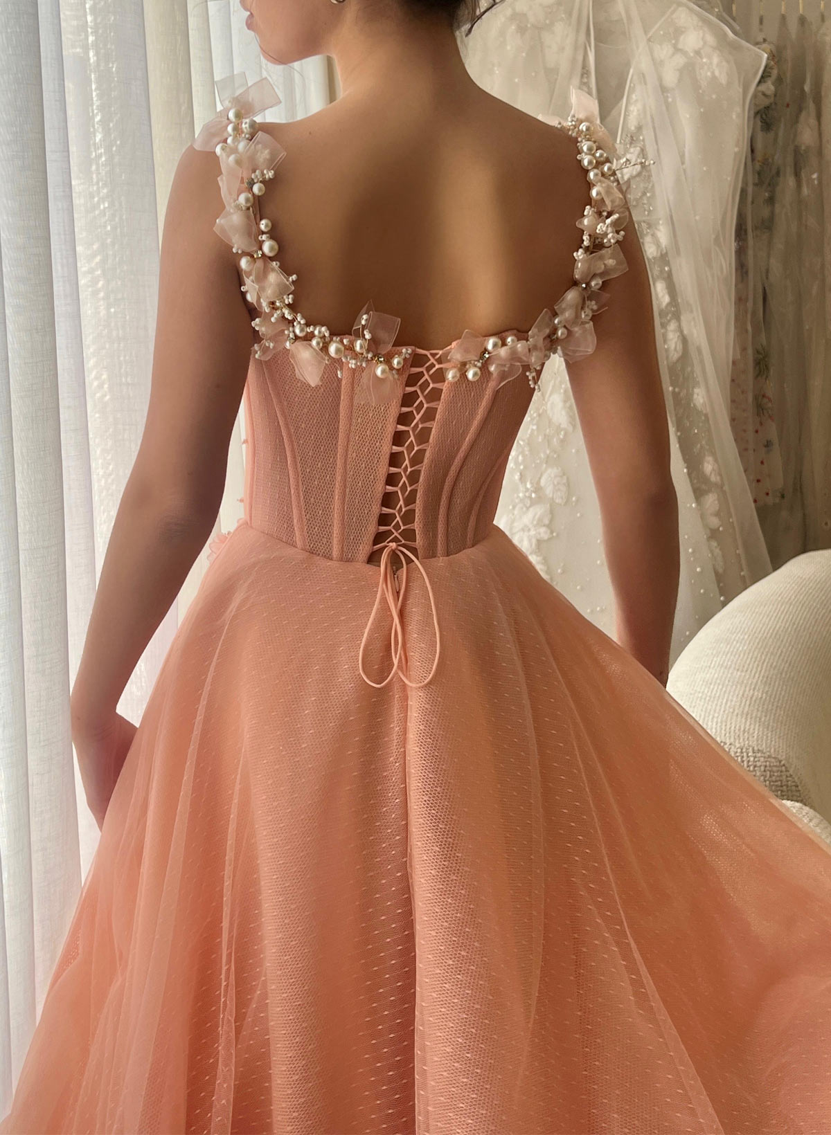 Dreamy Square Neckline Sleeveless A-Line Sweep Train Tulle /Chiffon Evening Dresses With Beading/Flower(s)