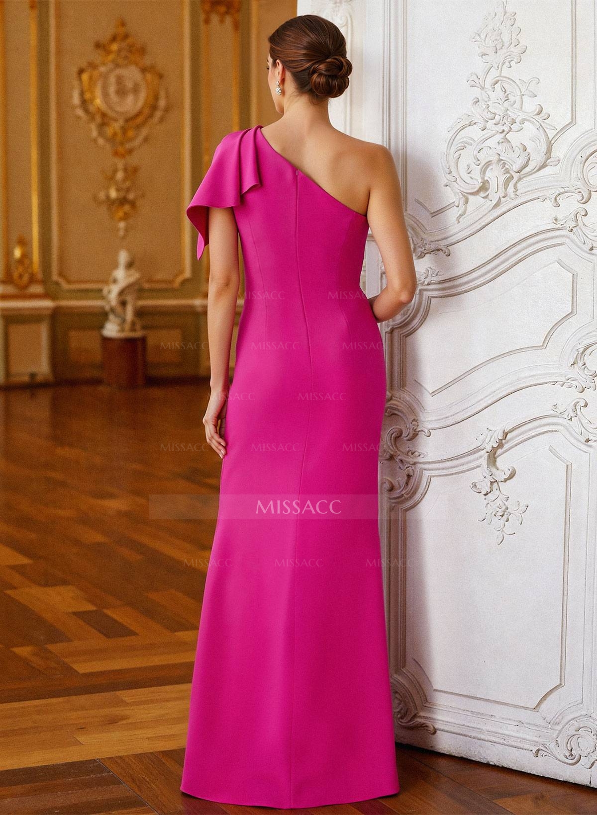 Sheath Column One-Shoulder Cape Sleeves Floor-Length Elastic Satin Evening Dresses With High Split Shoulder Ruffle