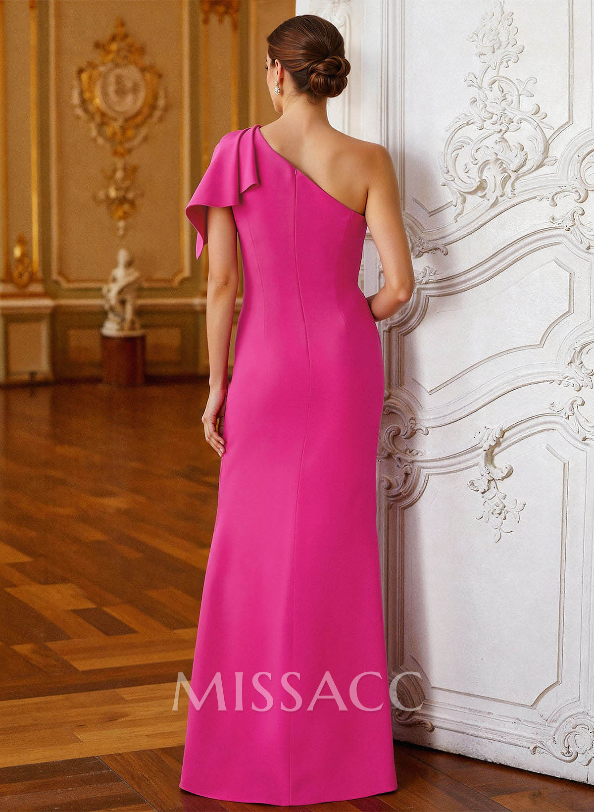 Sheath Column One-Shoulder Cape Sleeves Floor-Length Elastic Satin Evening Dresses With High Split Shoulder Ruffle
