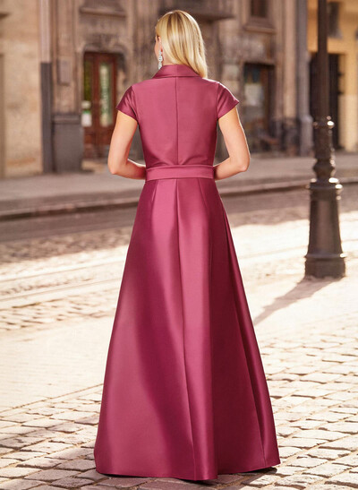 A-Line V-Neck Short Sleeves Floor-Length Satin Evening Dresses With
