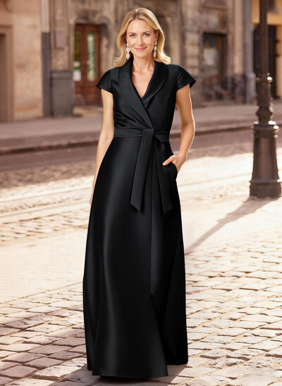 A-Line V-Neck Short Sleeves Floor-Length Satin Evening Dresses With