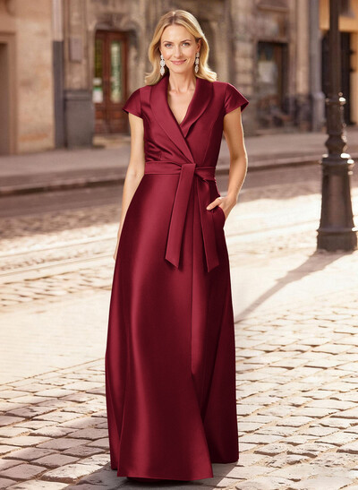 A-Line V-Neck Short Sleeves Floor-Length Satin Evening Dresses With