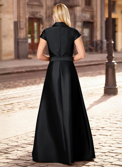 A-Line V-Neck Short Sleeves Floor-Length Satin Evening Dresses With