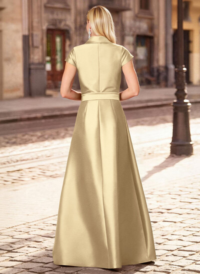 A-Line V-Neck Short Sleeves Floor-Length Satin Evening Dresses With