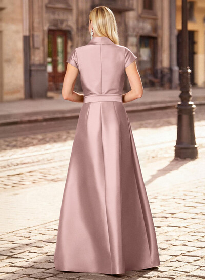 A-Line V-Neck Short Sleeves Floor-Length Satin Evening Dresses With