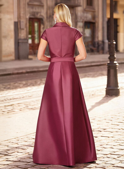 A-Line V-Neck Short Sleeves Floor-Length Satin Evening Dresses With