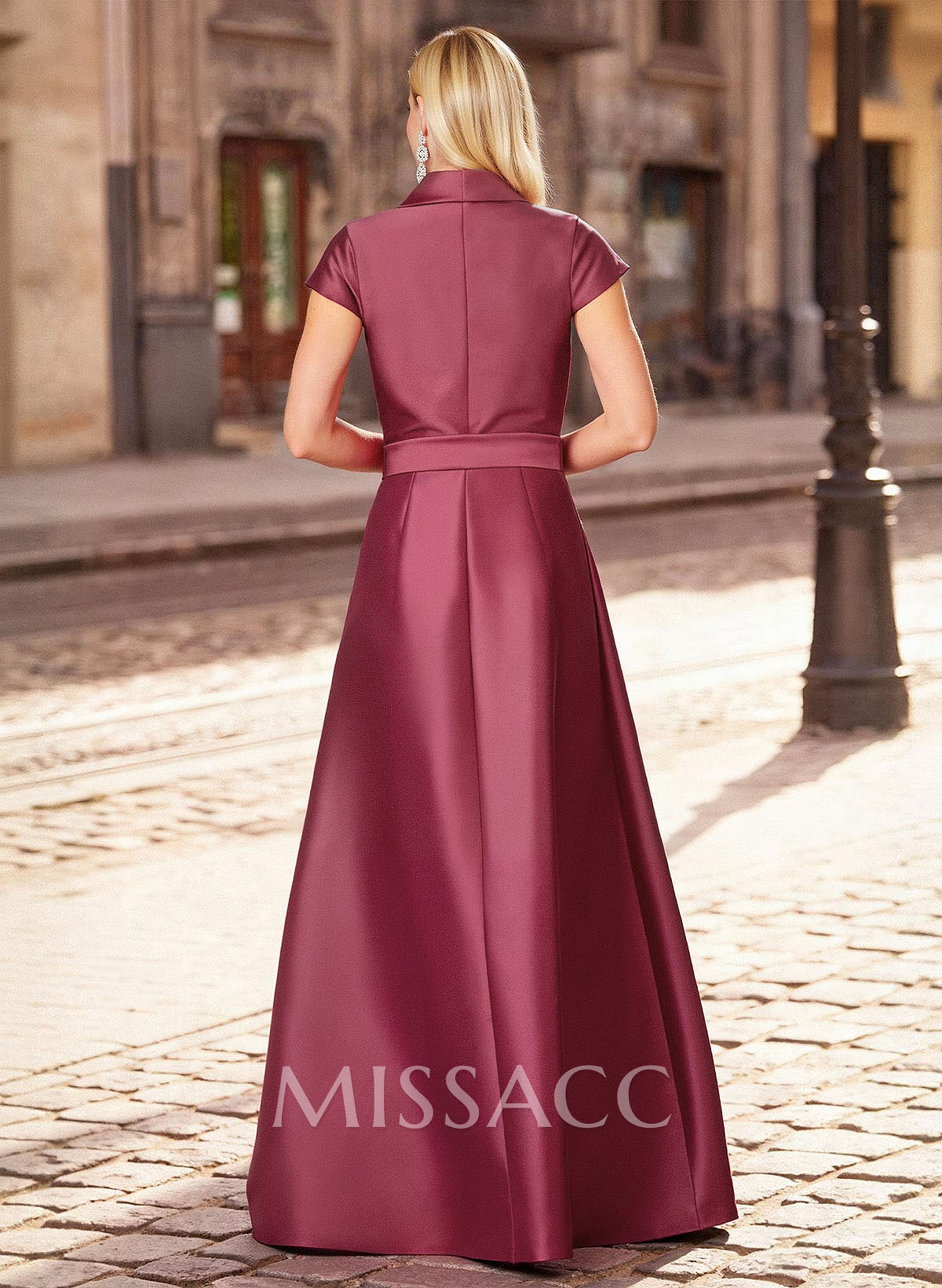 A-Line V-Neck Short Sleeves Floor-Length Satin Evening Dresses With