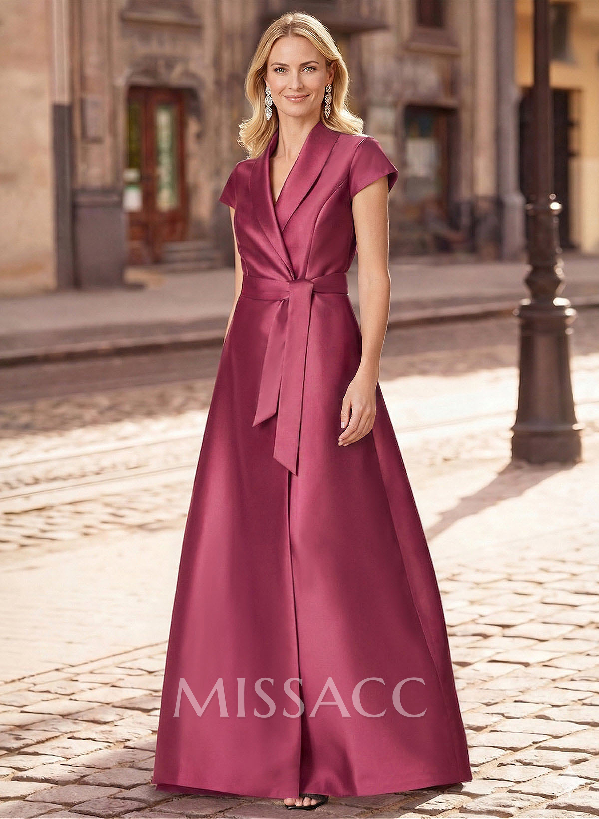 A-Line V-Neck Short Sleeves Floor-Length Satin Evening Dresses With