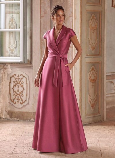 A-Line V-Neck Short Sleeves Floor-Length Satin Evening Dresses With